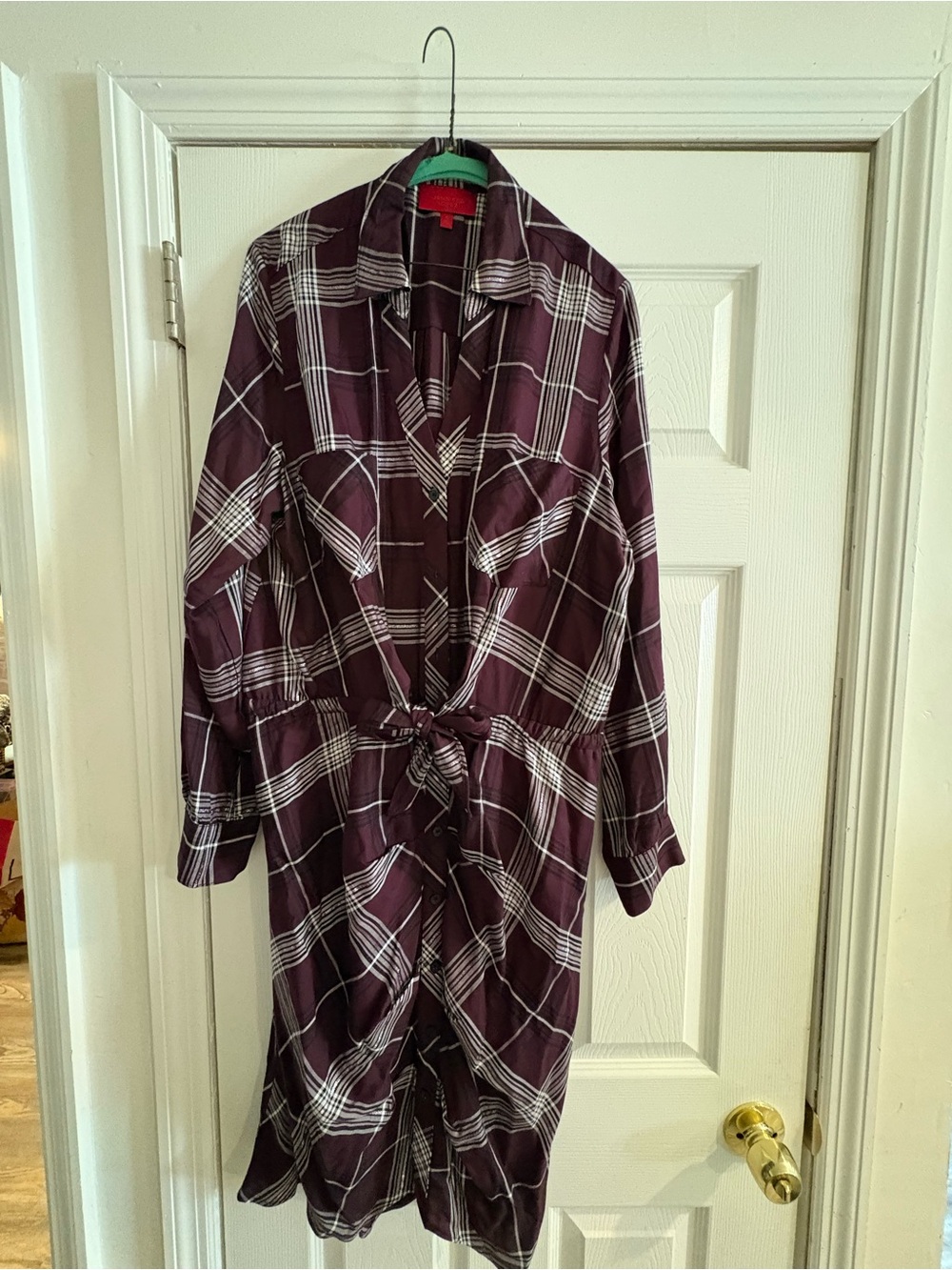 Jennifer Lopez Plum Plaid Long-Sleeve Tie-Waist Shirt Dress